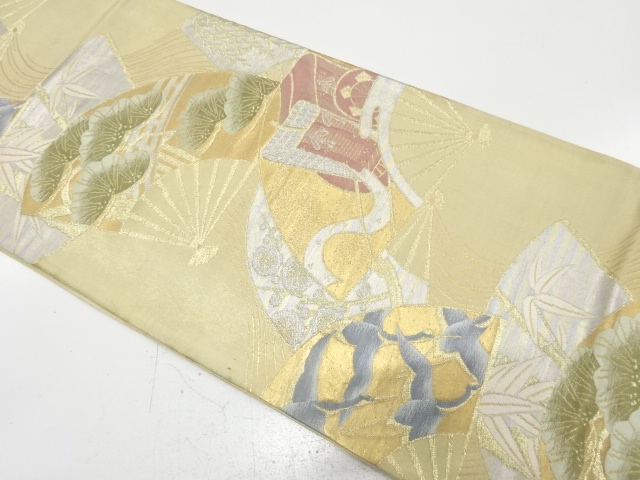 アンティーク　扇に御所車・鶴・松竹梅模様織り出し袋帯（材料）